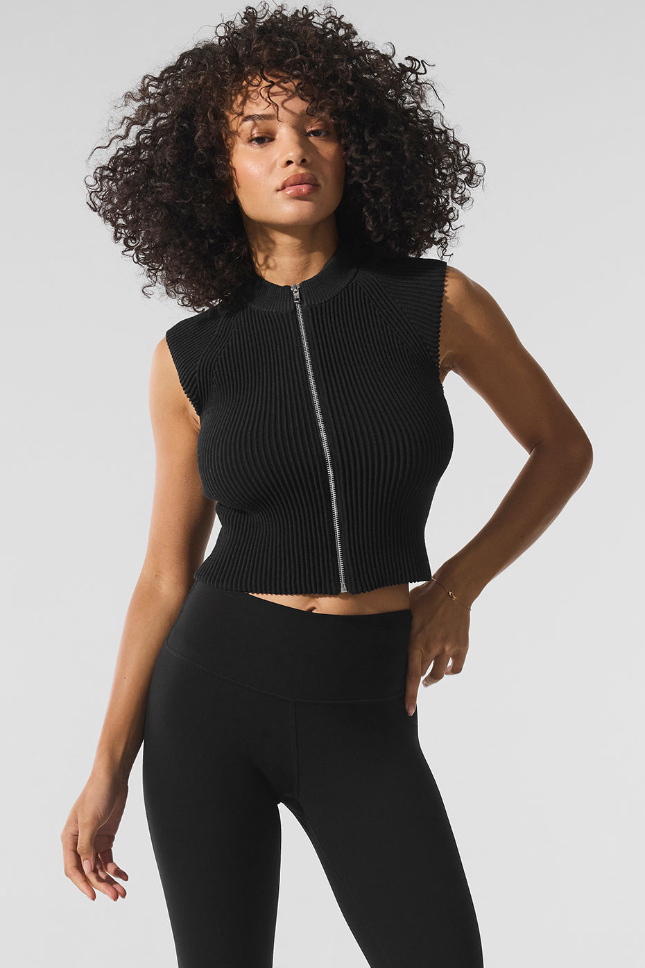 Denim Knit Sleeveless Full Zip Top