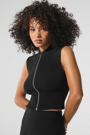 Denim Knit Sleeveless Full Zip Top