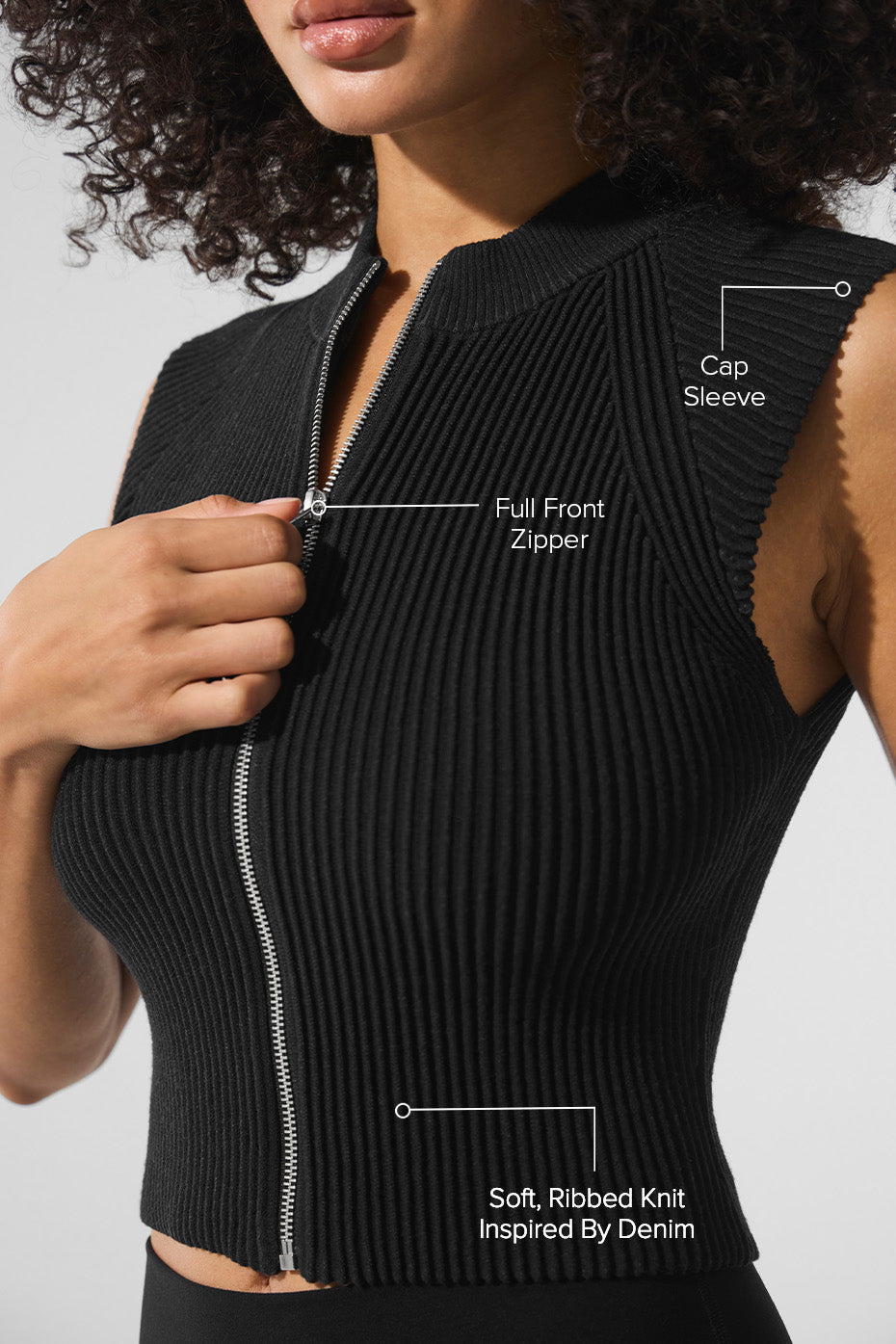 Denim Knit Sleeveless Full Zip Top