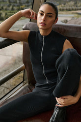 Denim Knit Sleeveless Full Zip Top