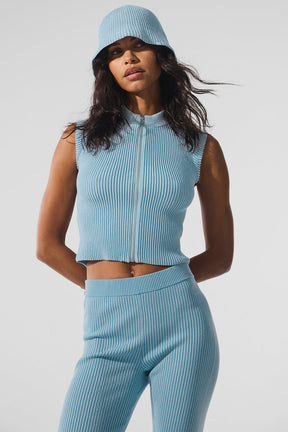 Denim Knit Sleeveless Full Zip Top