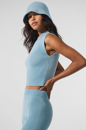 Denim Knit Sleeveless Full Zip Top