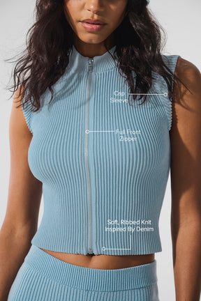 Denim Knit Sleeveless Full Zip Top