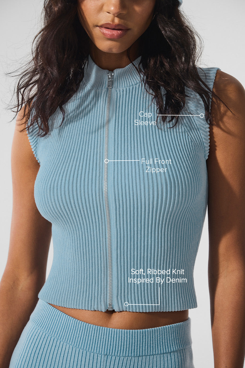 Denim Knit Sleeveless Full Zip Top