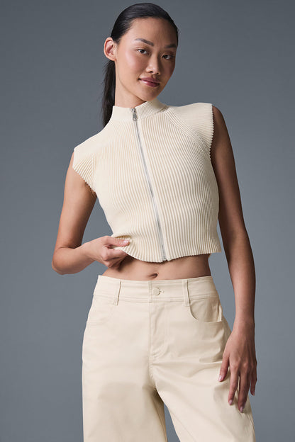 Denim Knit Sleeveless Full Zip Top