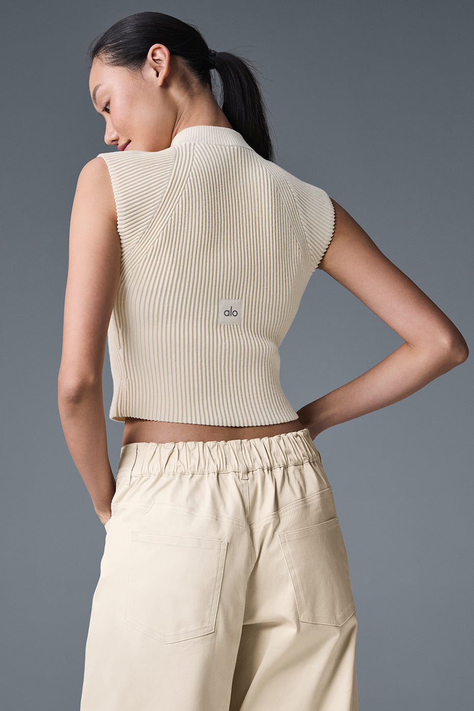 Denim Knit Sleeveless Full Zip Top