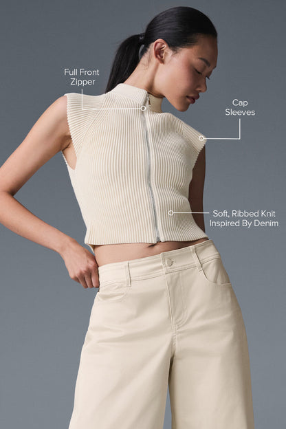 Denim Knit Sleeveless Full Zip Top