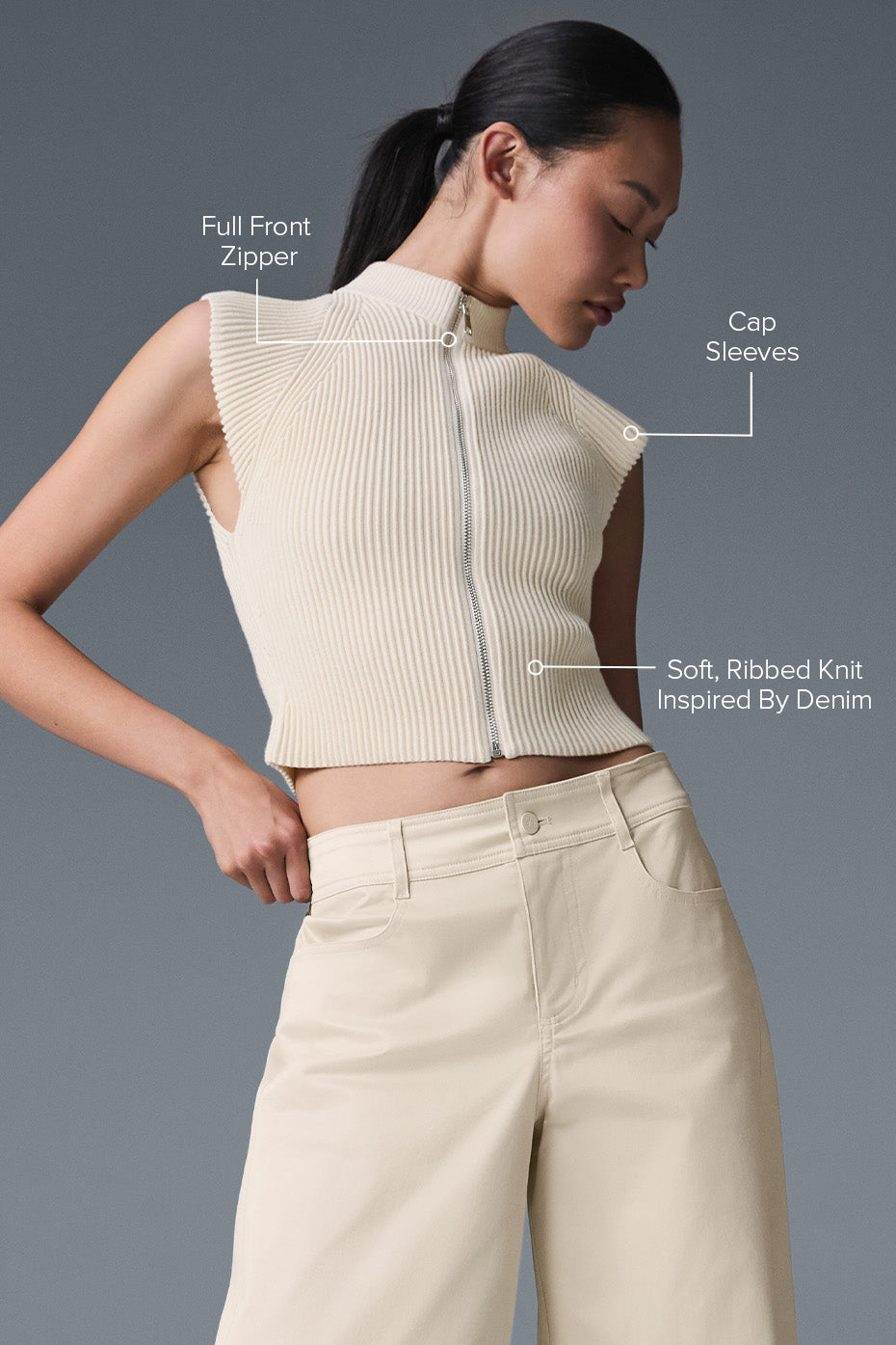 Denim Knit Sleeveless Full Zip Top