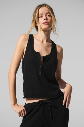 Black Supernatural Sweater Henley Tank featuring button front, lightweight knit, and relaxed fit for casual comfort.