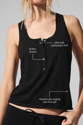 Supernatural Sweater Henley Tank in black showcasing button details and ultra-soft lightweight knit fabric.