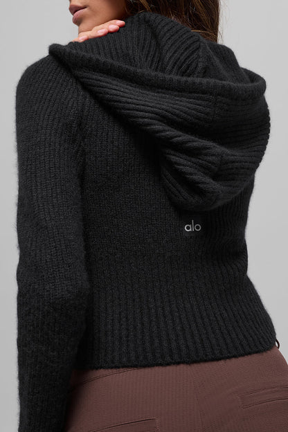 Wool Cashmere Ribbed Noble Full Zip Hoodie
