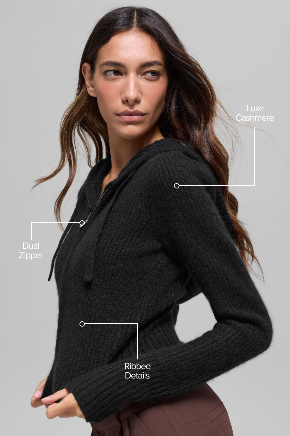 Wool Cashmere Ribbed Noble Full Zip Hoodie