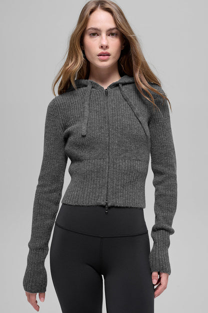 Wool Cashmere Ribbed Noble Full Zip Hoodie