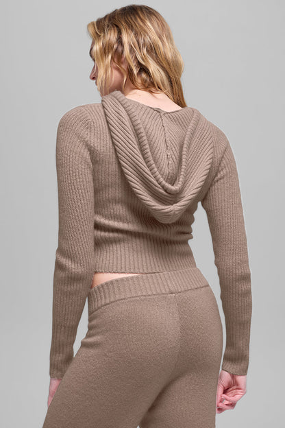 Wool Cashmere Ribbed Noble Full Zip Hoodie