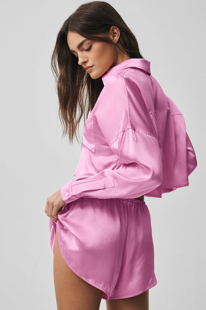Silk Luminous Cropped Button Down Long Sleeve