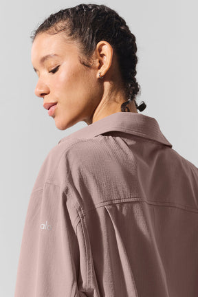 Dreamscape Button Down Long Sleeve in lightweight crinkle woven fabric, featuring a collared design and front pockets.