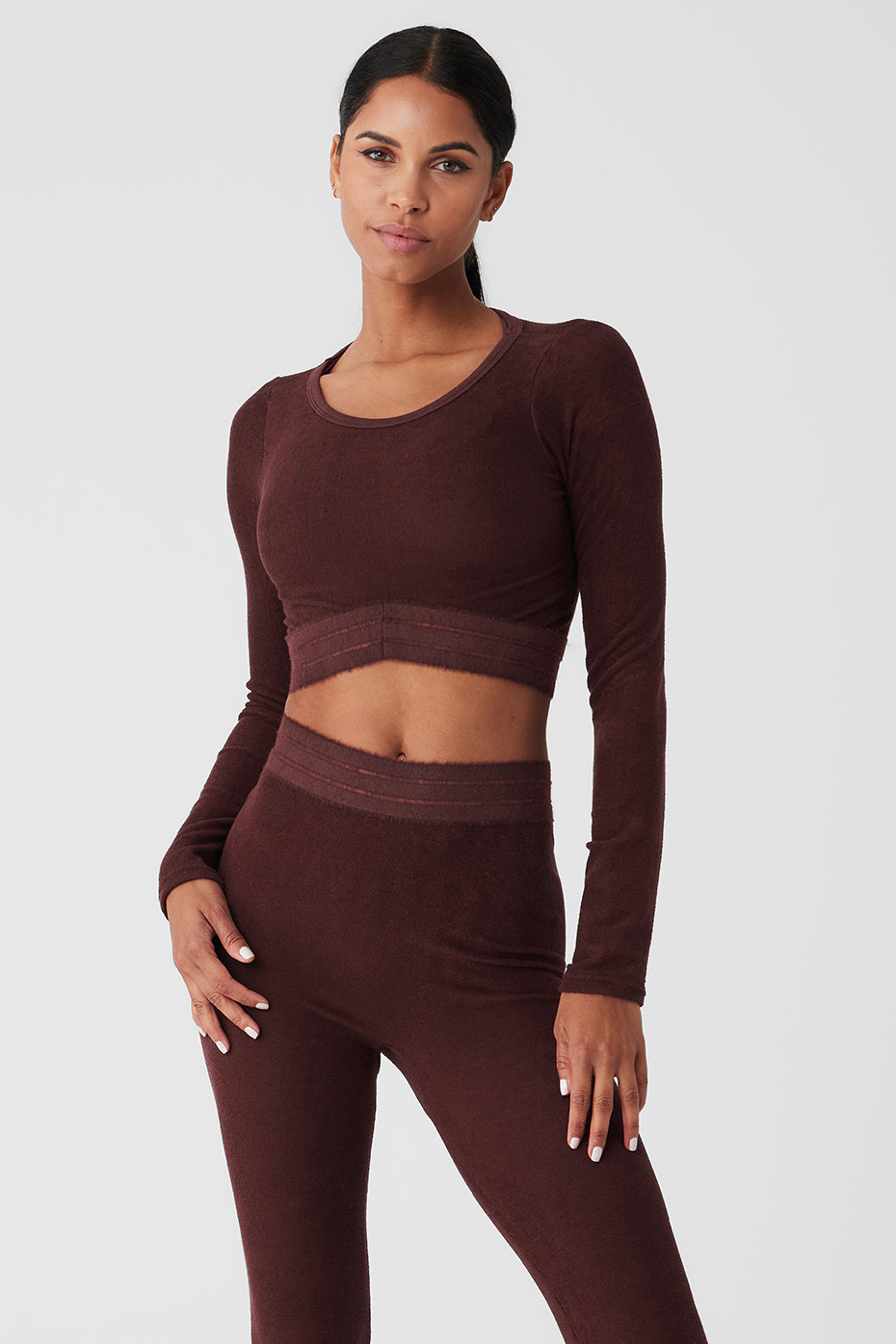 Seamless Luxe Terry Cuddle Coverup in rich brown, cozy crop top paired with matching leggings for ultimate lounge style.