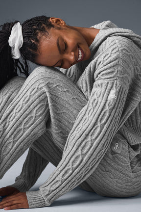 Cozy Cable Knit Winter Bliss Hoodie in gray, featuring a relaxed fit, slightly cropped hem, and soft texture.