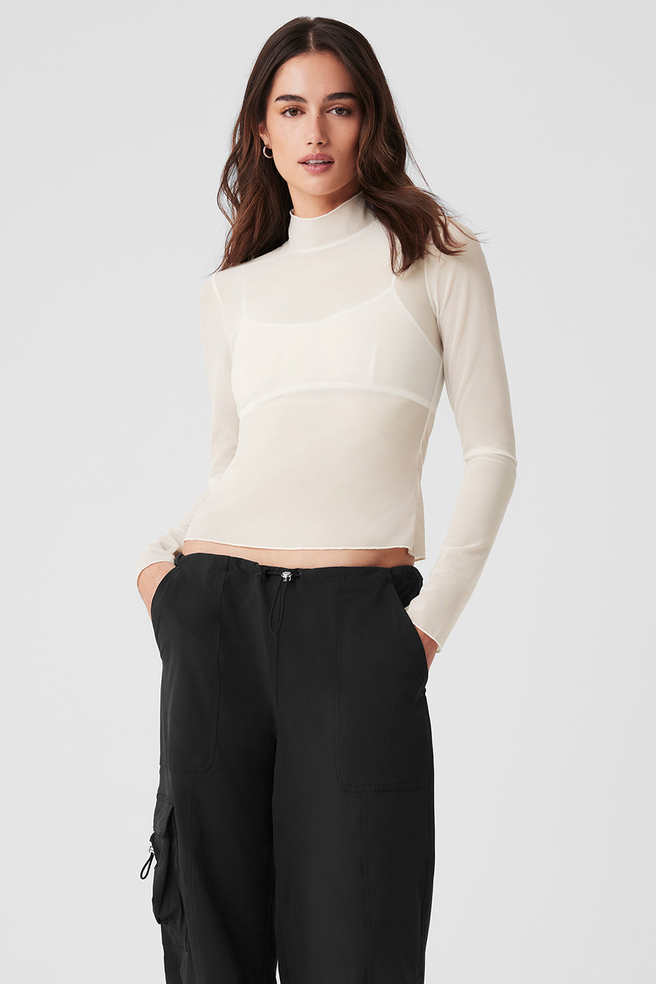 Mesh Sheer Illusion Mock Neck Long Sleeve