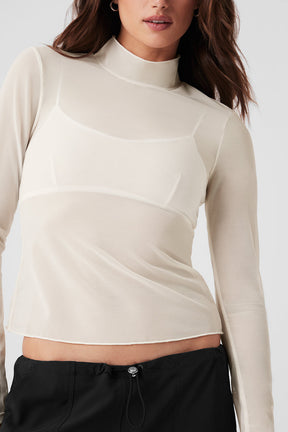 Mesh Sheer Illusion Mock Neck Long Sleeve