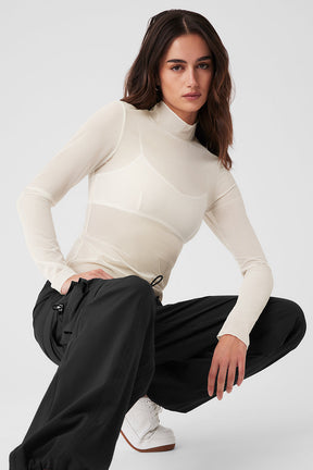 Mesh Sheer Illusion Mock Neck Long Sleeve