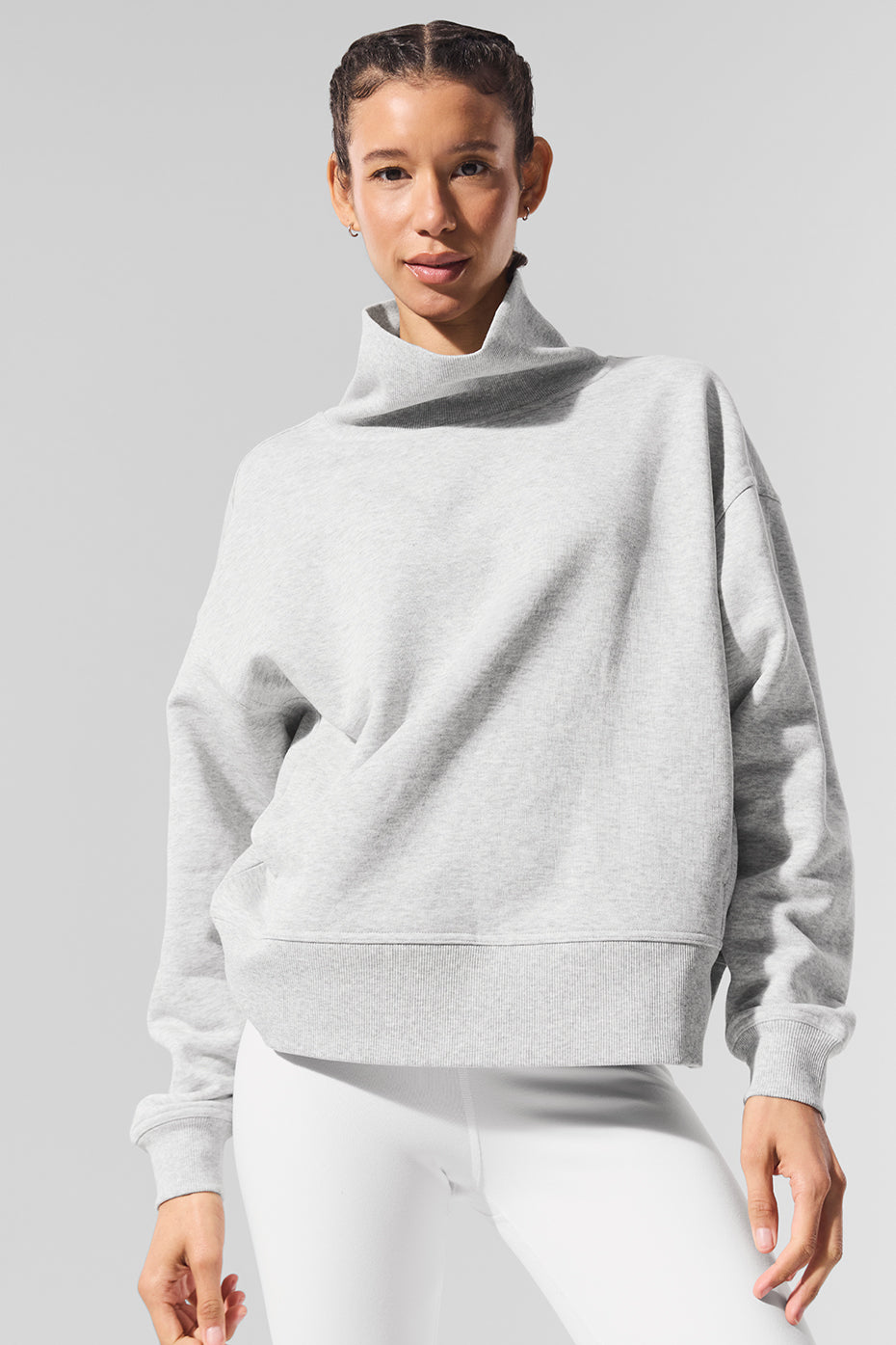 Hazy Mock Neck Pullover in soft gray, featuring an oversized fit, ideal for casual or lounge wear.
