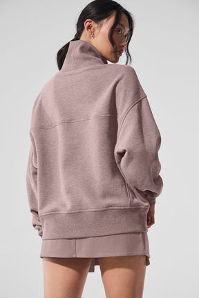 Hazy Mock Neck Pullover in soft, oversized fit, styled for a cozy, laid-back look with sweat shorts.