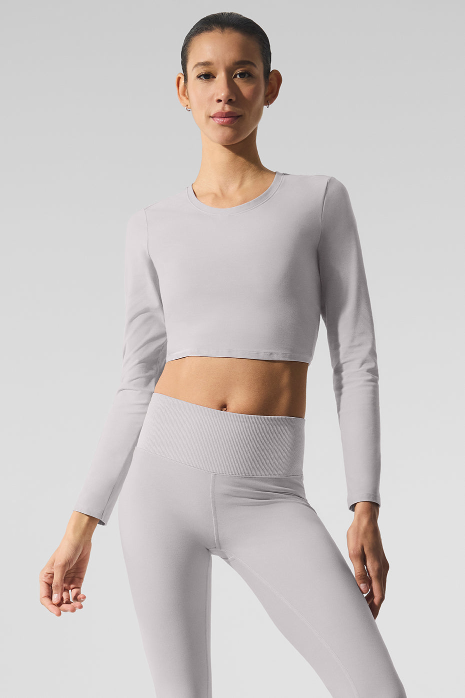 Washed Alosoft Crop Finesse Long Sleeve in light gray, featuring a cropped silhouette and chic design.