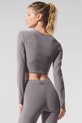 Washed Alosoft Crop Finesse Long Sleeve featuring a chic cropped silhouette in a stylish gray wash.