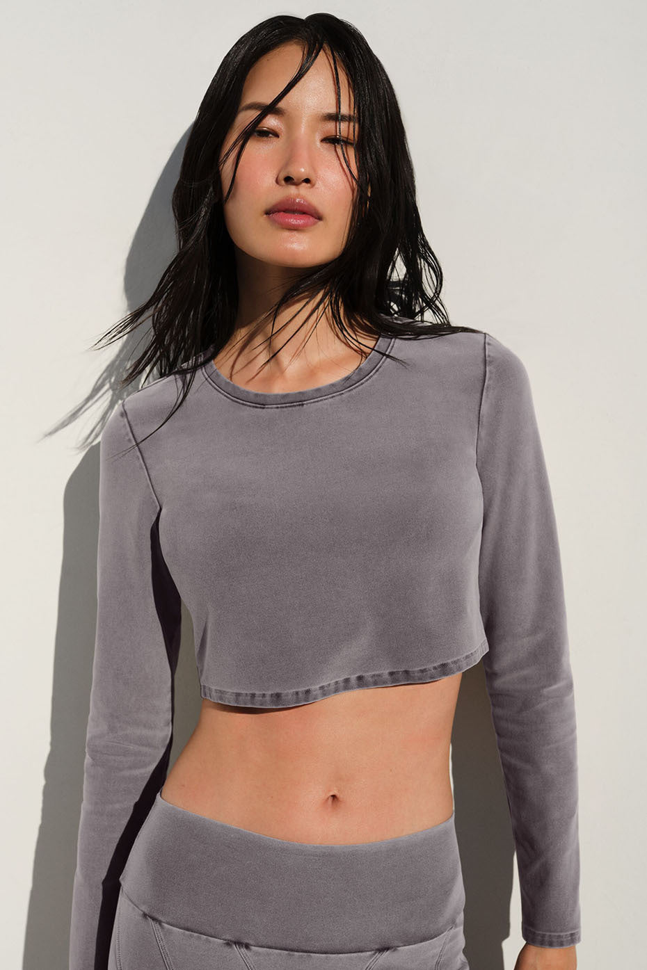 Washed Alosoft Crop Finesse Long Sleeve in grey, featuring a cropped silhouette and chic washed look for stylish comfort.