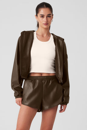 Faux Leather Power Hour Full Zip Cropped Jacket