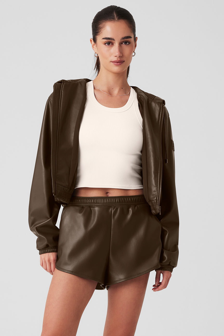 Faux Leather Power Hour Full Zip Cropped Jacket