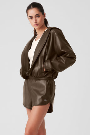 Faux Leather Power Hour Full Zip Cropped Jacket
