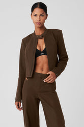 Cropped Full Throttle Moto Jacket featuring button neck, seamed panels, and feminine fit with cropped hem