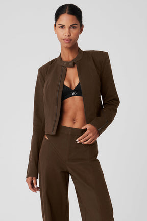 Cropped Full Throttle Moto Jacket featuring button neck, seamed panels, and feminine fit with cropped hem