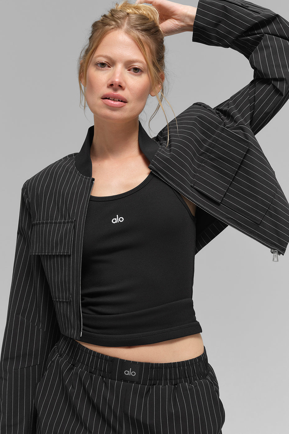 Cropped Pinstripe Main Character Full Zip Jacket