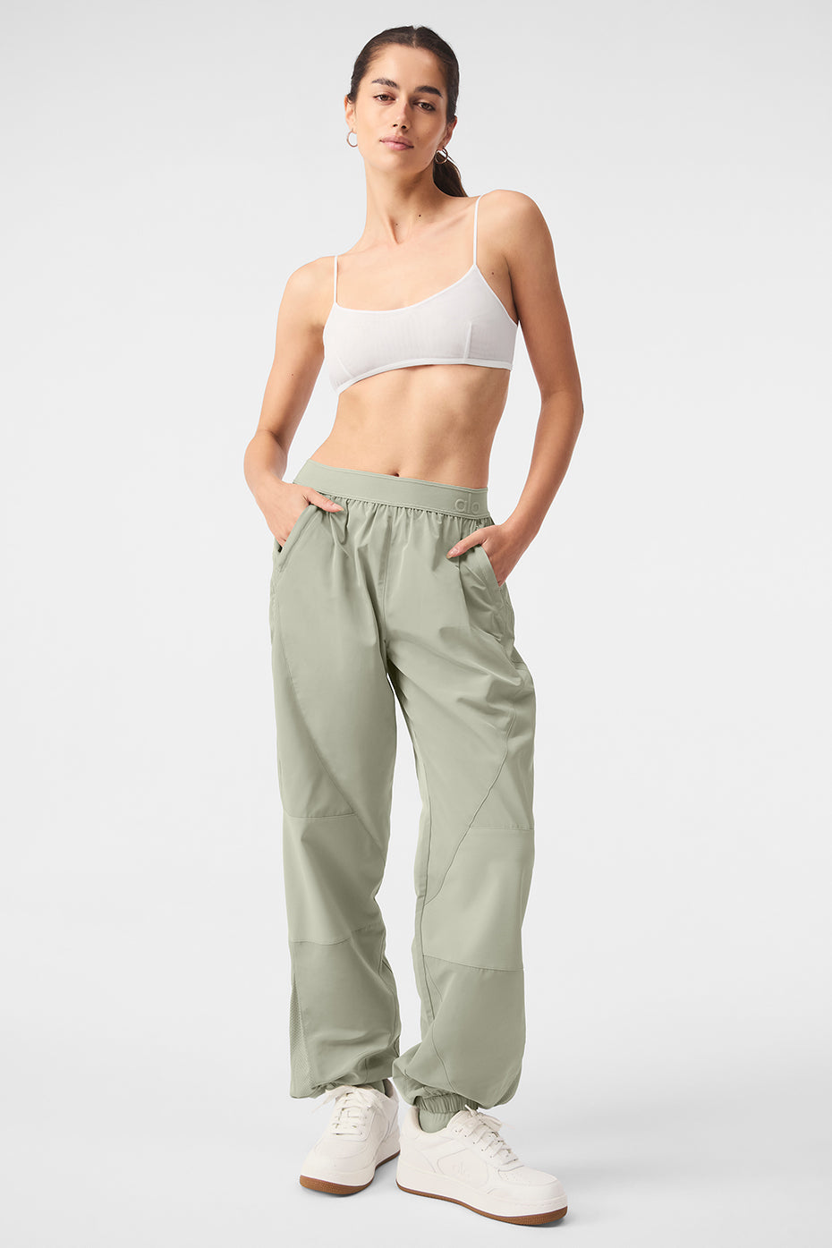 Mixed Media Reinvention Jogger in soft fabric with relaxed fit and contrasting panels, paired with a crop top.