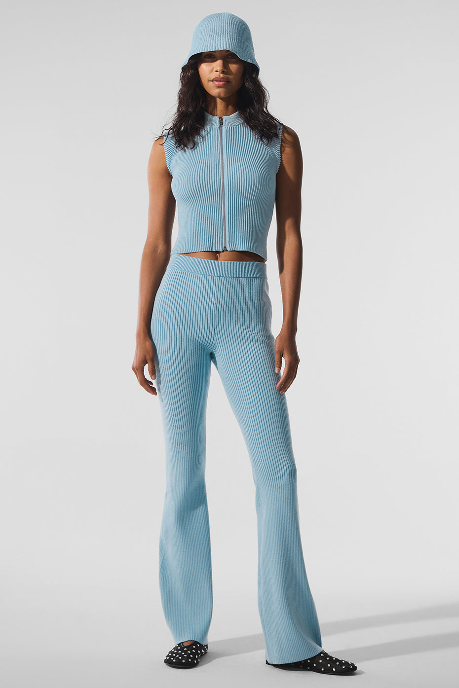 Denim Knit High-Waist Flare Pant