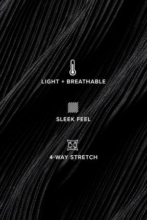 Infographic highlighting features: light and breathable, sleek feel, 4-way stretch fabric for comfort.