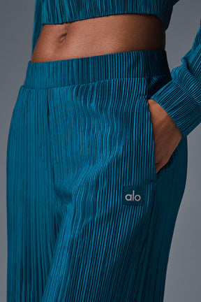 High-Waist Micro Plisse Straight Leg Pant in teal with relaxed fit and crinkly mini-pleat texture, comfortable style.