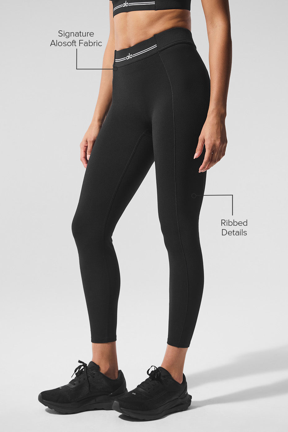 Model wearing Alosoft High-Waist 7/8 Relay Legging featuring signature fabric and ribbed details.
