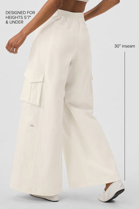 Show Off Cargo Wide Leg Trousers in ivory, featuring wide legs, cargo pockets, and designed for heights 5'7" and under.