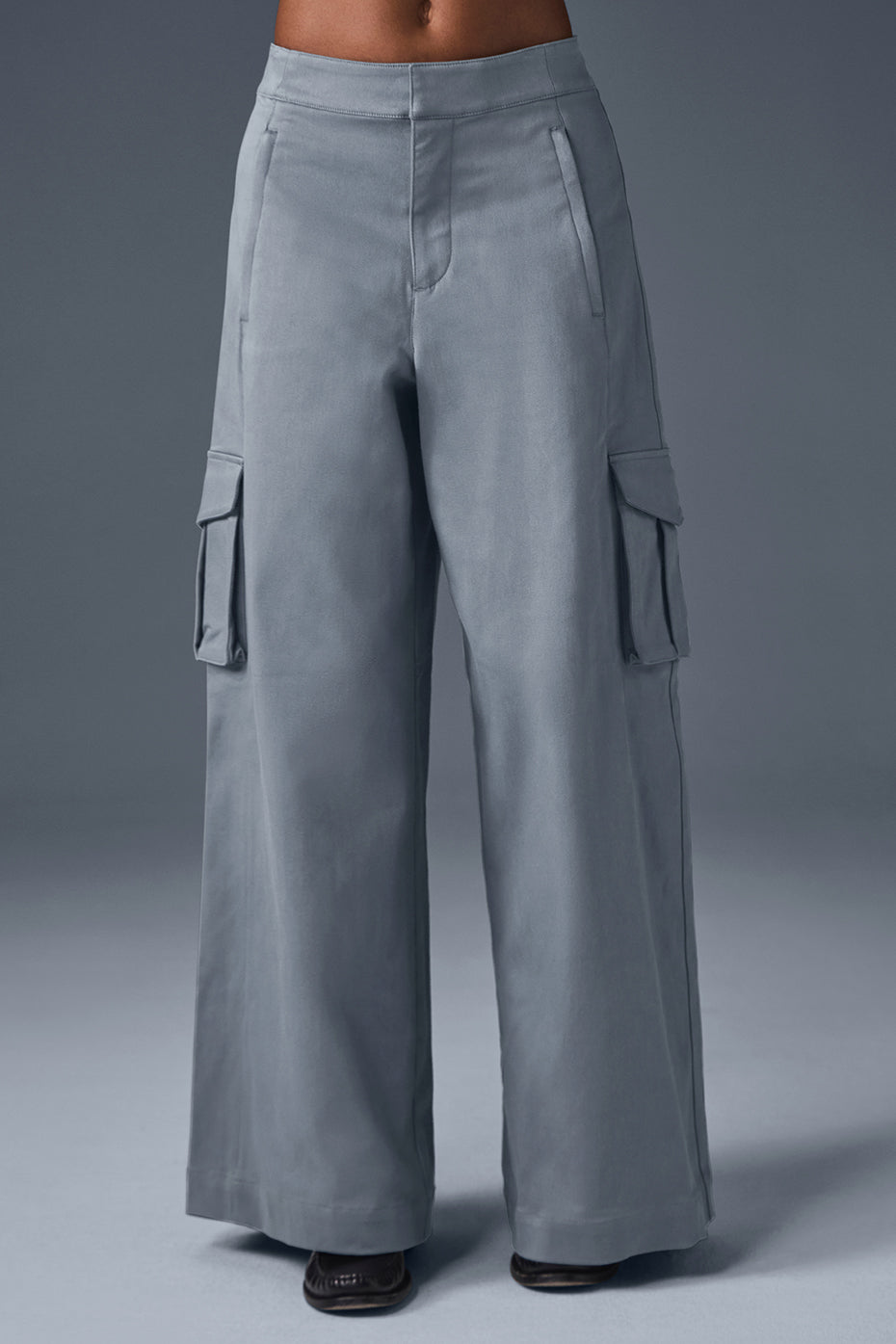 Show Off Cargo Wide Leg Trouser in grey with exaggerated wide legs and cargo pockets for a stylish look.