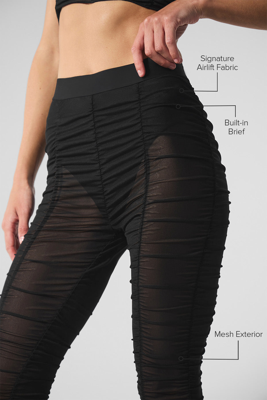 Close-up of high-waist Airlift Mesh Cherish Legging showcasing mesh exterior and built-in brief features.