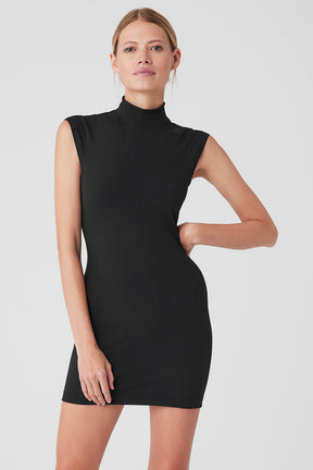 Run It Back Dress with mock neck and sleeveless silhouette in black showcasing a stylish 90s-inspired ribbed design.