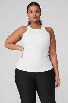 White Ribbed Aspire Full Length Tank with racerback and built-in shelf bra for versatile layering and flattering fit