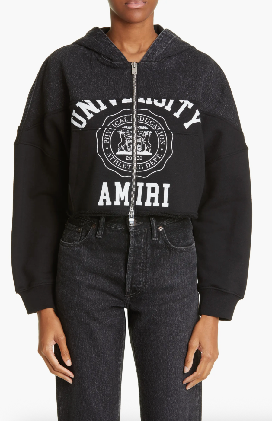 AMIRI WOMENS HYBRID CROPPED ZIP UP HOODIE SATIN BLACK