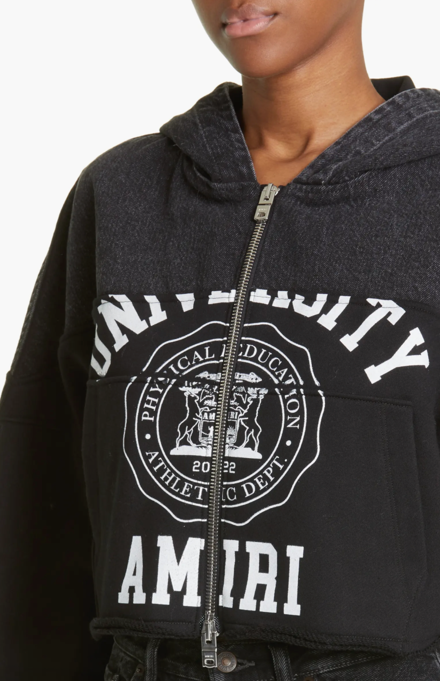 AMIRI WOMENS HYBRID CROPPED ZIP UP HOODIE SATIN BLACK