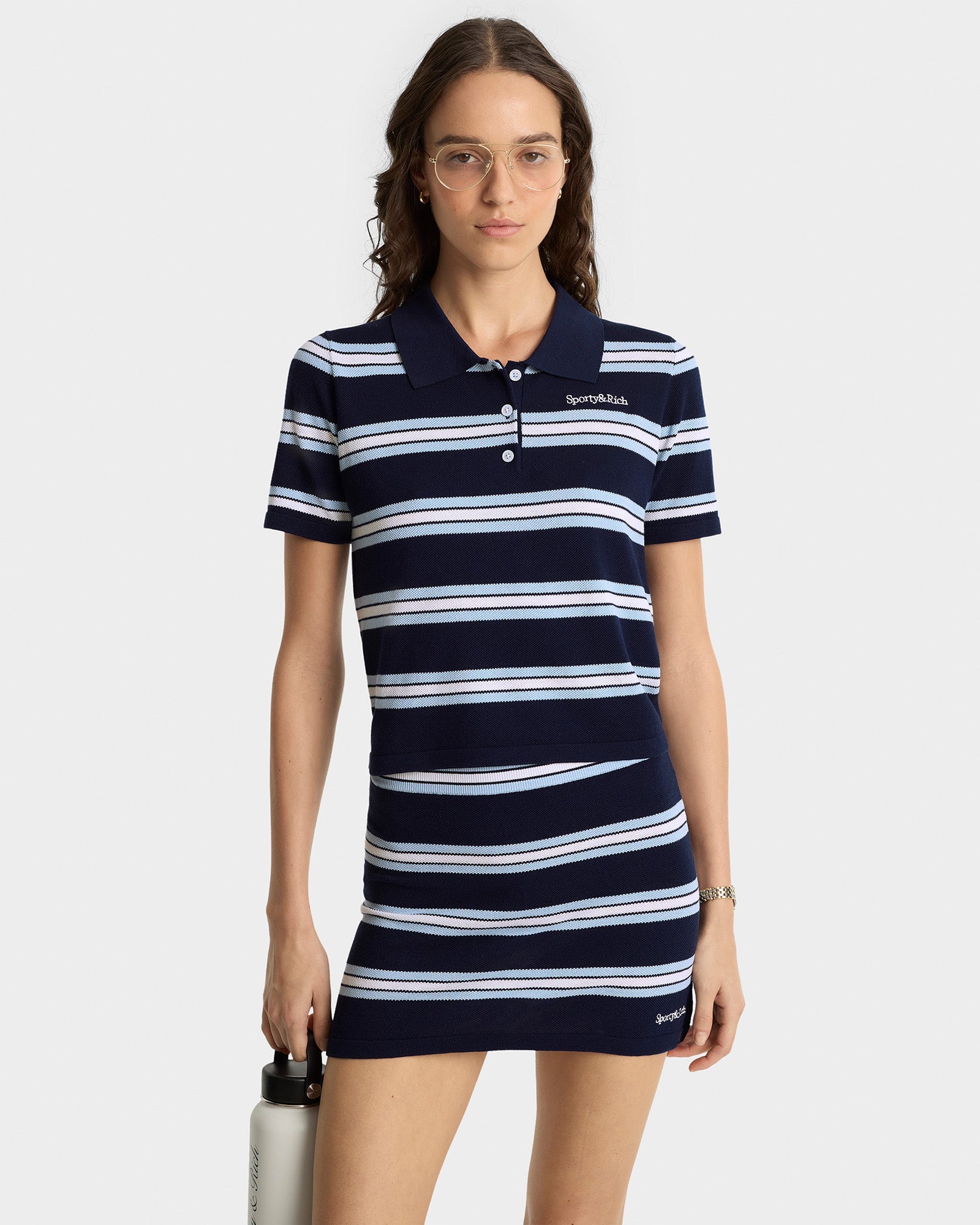 Serif Logo Silk Pique Cropped Polo - Navy/White/Flax Blue