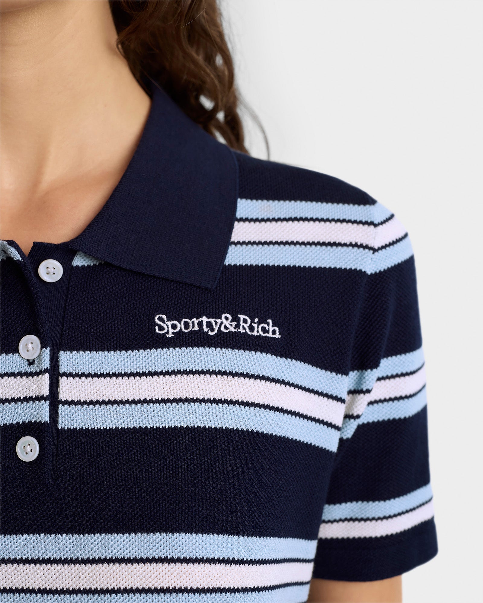 Serif Logo Silk Pique Cropped Polo - Navy/White/Flax Blue
